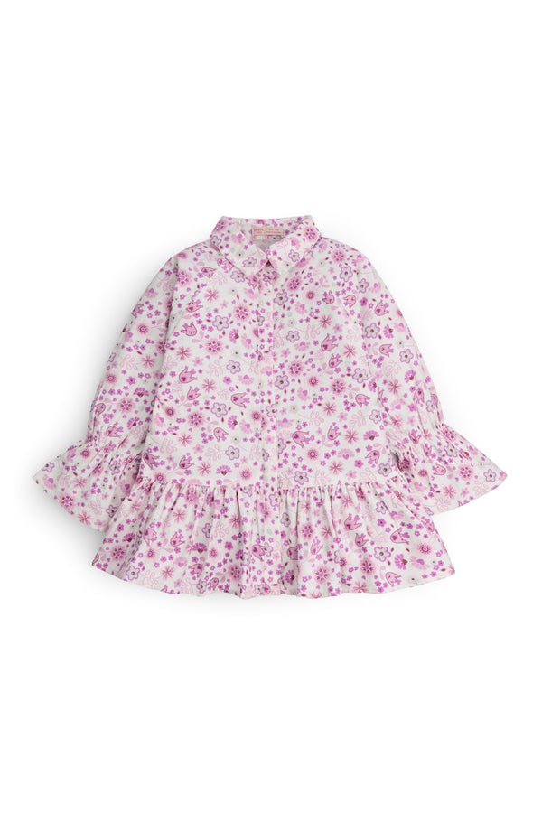 Floral Print Ruffle-Sleeve Shirt Dress