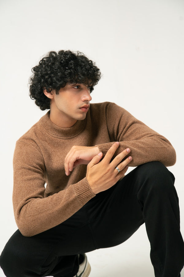 The Camel Brown Wool-Blend Mock Neck Sweater