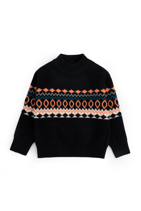 Black Fair Isle Mock Neck Sweater