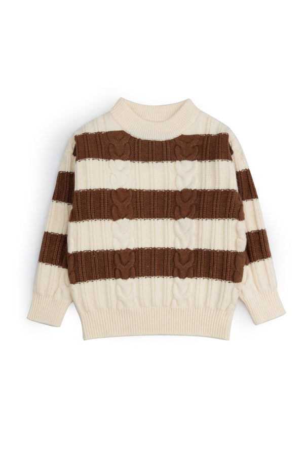 Cream & Brown Striped Cable Knit Mock Neck Sweater