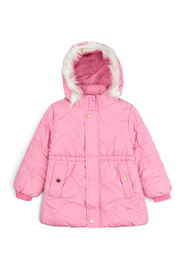 The Chevron Puffer with Faux Fur Hood