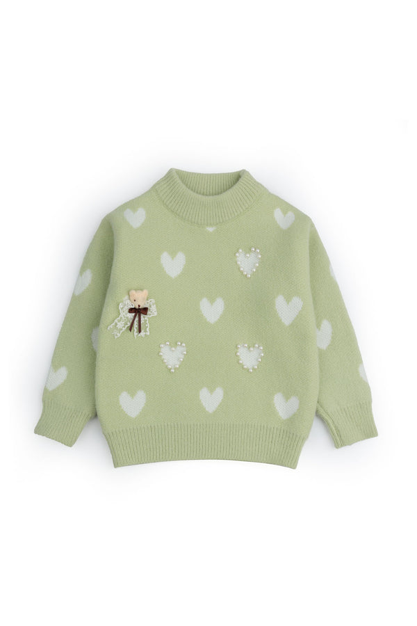 Green Charming Hearts Knit Sweater