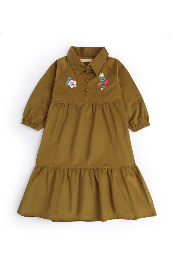 Floral Embroidered Corduroy Tiered Dress