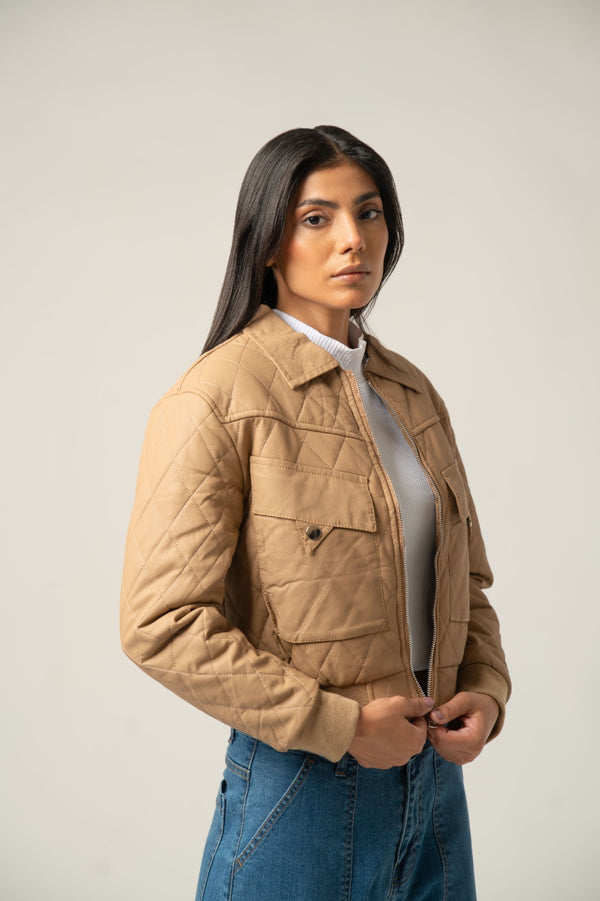 The Beige Quilted faux Leather Jacket