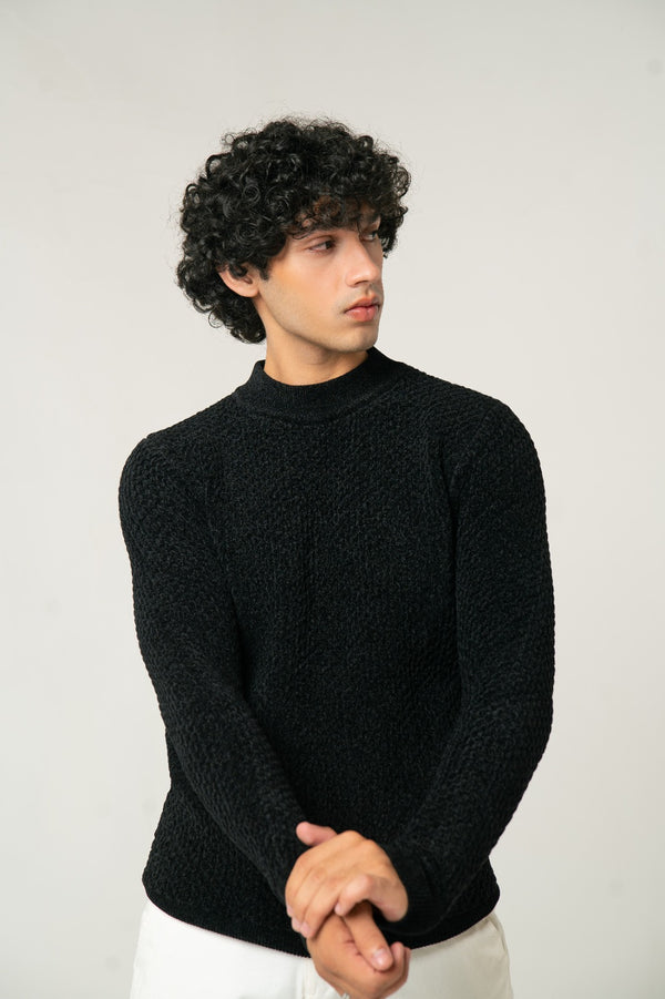 Textured  Black Mock Neck Sweater